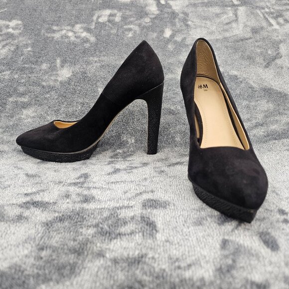 H & M shoes Womens 8 slip on pumps black faux suede stiletto heels pointed toe - Picture 2 of 12
